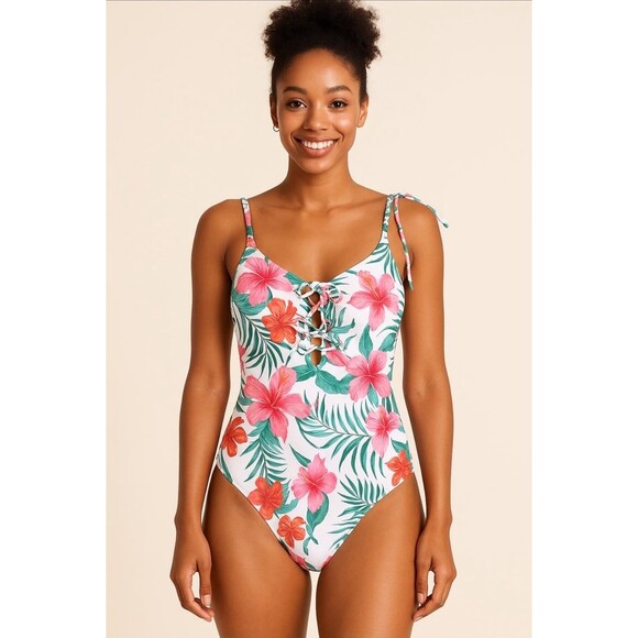 Rue21 SizeS Tropical Bloom Lace-Up OnePiece NWT Slimming Swimsuit Vacation Ready - Picture 1 of 7